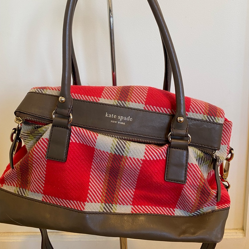 KSNY wool plaid with leather trim handbag.